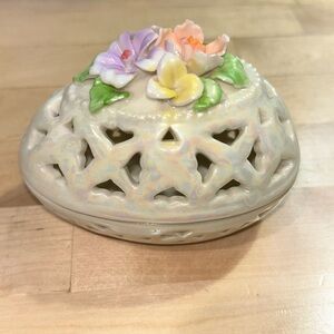 Vintage lusterware iridescent egg basket dish with flowers, trinket or candy